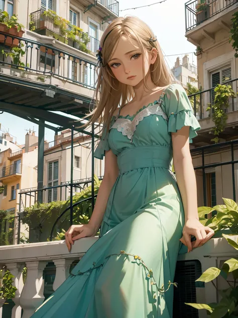 Girlfriend reclining on upper balcony, steel railing covered in vines and plants, looking out over the city, casually dressed, early morning, high above the street, spanish architecture, narrow streets, greenery, parisdiam0nd