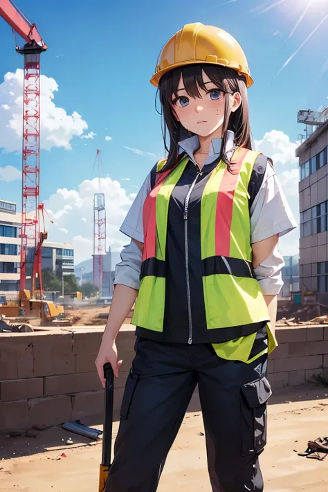 "An anime-style illustration of a hardworking female civil engineer, visibly sweating under the sun. She wears a safety helmet and a reflective vest, standing confidently at a construction site. Her determined expression and posture reflect her dedication ...