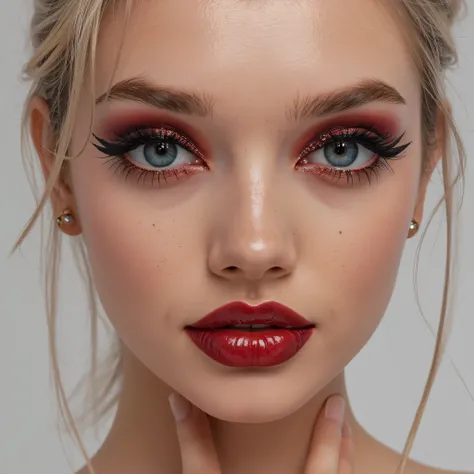 close-up of the face , dark red lips, Lip gloss, shiny lips , eyeliner, thick eyeliner , compose, red glitter eyeshadow, 8 k, realistic, ajar lips