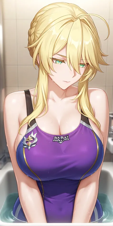 masterpiece, best quality, mature woman, blonde hair, Artoria pendragon (lancer), tank top, honkai: star rail cg style, upper body, cinematic , purple costume bathroom towel wearing water bathing suit.