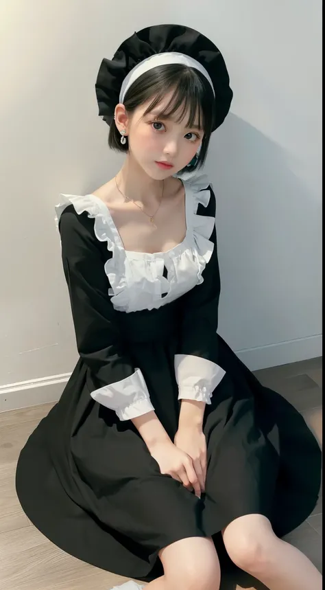 (Black Long Maid Cross :1.3, Long Sleeve Ruffle ,   white maid apron , White prim head), (Sit with your knees hugged:1.3), (full length, whole body,  Please point your body forward), (  black hair, , ( slim waist and large chest style,  short:1.2),  short ...