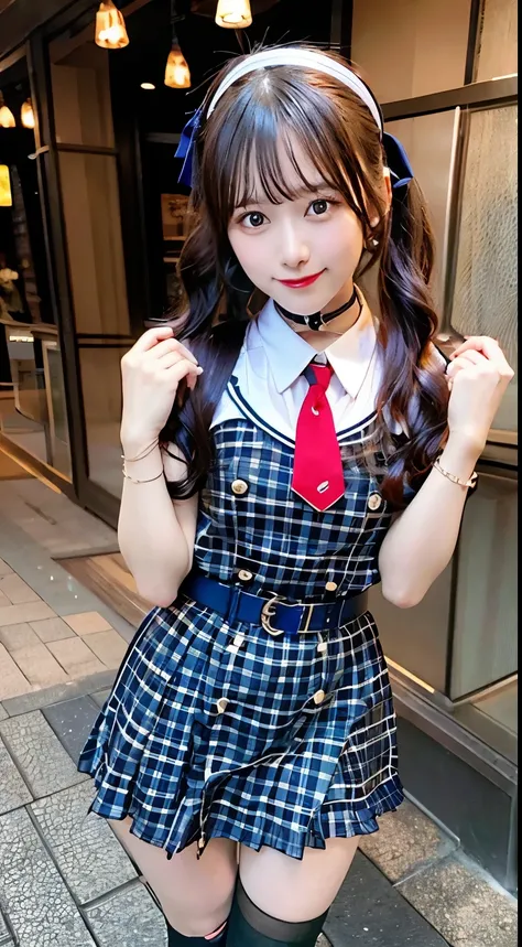  is standing、 MASTERPIECE、 best quality、High Resolution、sui1、 1girl 、solo、 side ponytail 、Houshou Marine、 single thigh、 Jewelry、 single socks 、 thigh strap、 bracelet、blue socks、Button closure、 single knee high 、Checked dress、 Red-Choker 、Red-belt 、 Plaid S...