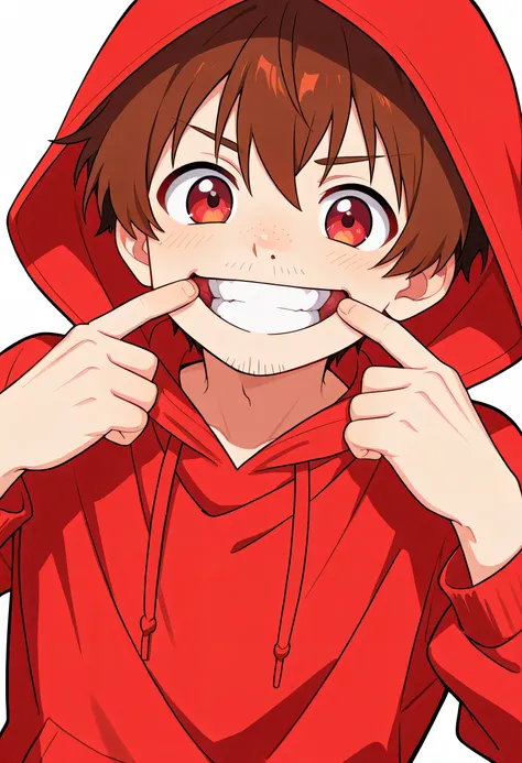 score_9, score_8_up, score_7_up, source_anime, solo,young man,brown short hair,man's red eye,man's nose,man's mouth,stubble:0.6,red hoodie parka,upperbody,hood up,.whole body length,good man model pose, smile,white background