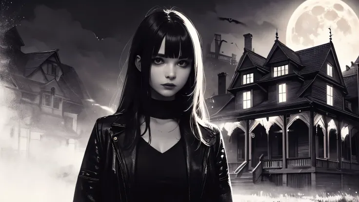 Solo, A Caucasian young girl, girl on outside, discover the cursed family, dark color, horror theme, supernatural, Haunted house, blue moon, standing alone, silence, (erotic), (long brown hair, blunt bangs, sexy face , lips, natural makeup, confused expres...