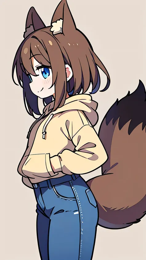 woman、Fox Ears brown hair 、blue eyes、Tail、 jeans、 beige hoodie、 profile、smirk