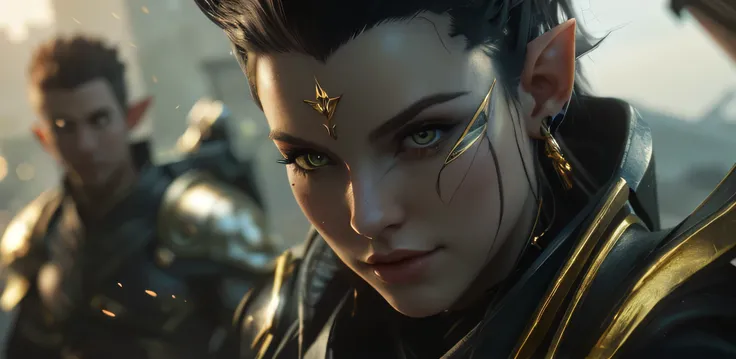 a close up of a person with a sword and a man in the background, unreal engine character art, artgerm ; 3d unreal engine, trending in cgsociety, cinematic cgsociety, unreal engine 5 », artgerm julie bell beeple, she has elf ears and gold eyes, unreal engin...