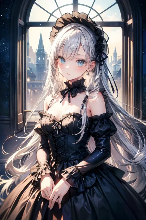 masterpiece, best quality, very detailed,photo is present, is present, ultra high resolution, MASTERPIECE, beautiful girl, Silver Hair, straight hair, long hair, emerald eyes, perfect eyes, small breasts, so cute,Black gothic lolita dress,Frills,Jewelry,...
