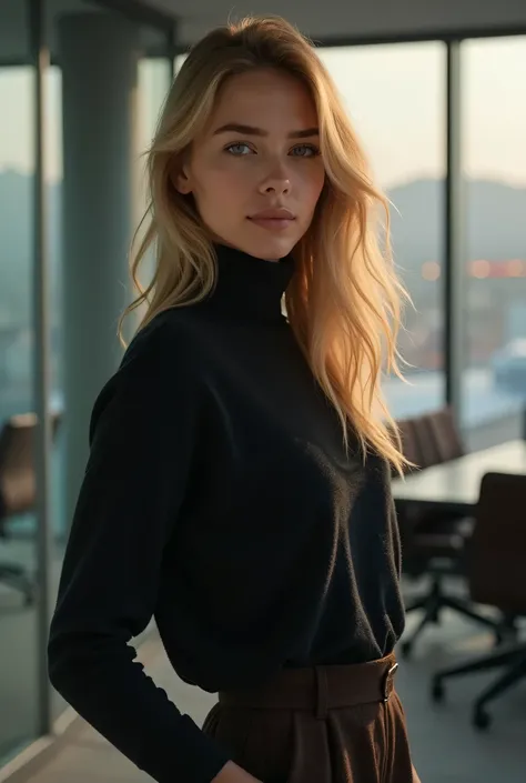 Beautiful 25 year old girl with blonde hair in a dark sweater and knee-length skirt in the office