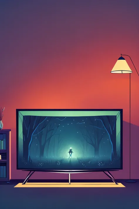 vintage style illustration of a full fit screen tv, coloured lighting, horror vibes atmosphere, pop culture, 80s vibes 