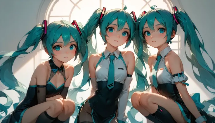 One girl,RAW Photos、Blue-green hair,Dual Horsetail,sexy,Adorable,Small eyes、Expressionless,Squat,Twin tails、hatsune miku、Official Art，unity 8k wallpaper，Very detailed，Beautiful works，Highest quality，Realistic,Photo level、Highest quality、Best image quality、...