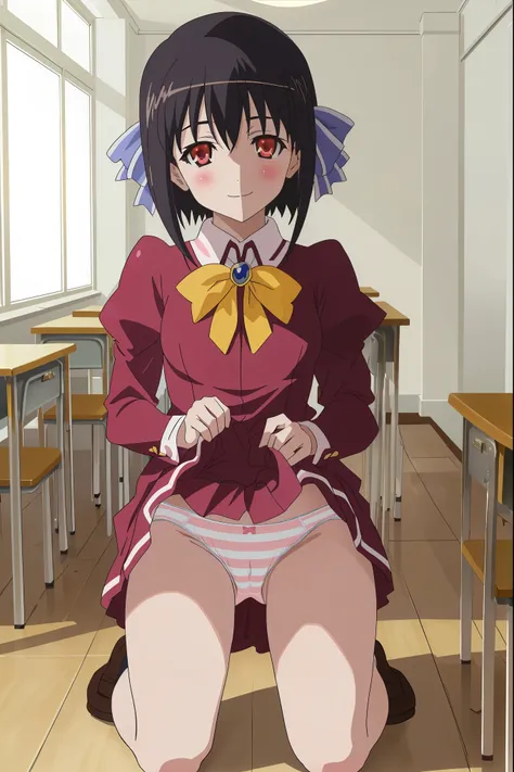 [anime styled],[official art],Tomomi_saikyou,black hair,Short hair,Hair Ribbon,red eyes,(School uniform,red school uniform:1.3,Winter clothes,Long sleeves,skirt,yellow Ribbon tie),classroom,((kneeling)),NSFW,1girl,(Portrait),close up,short torso,(Perfect L...