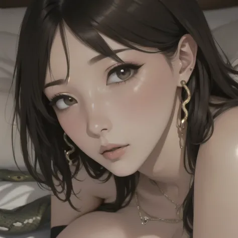 (Close up of earrings in the shape of a snake:1.5)、Fair-skinned woman、 tall、adult、30s、Unique hair colors and hairstyles、 lying on the bed、Sleep on a pillow、 Long, Disheveled Hair 、