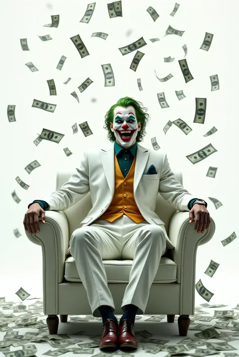 Créé joker assise sur une chaise de vêtu d'une  costard blanche, l'argent tombe comme de la pluie, il a le cheveux verts souriant comme le diable mais le fond arrière est blanche comme de la neige