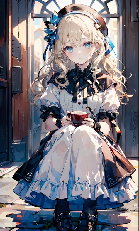 ((masterpiece, side light,  finely detailed beautiful eyes: 1.2)),  more details, wavy hair,  white dress 、leather shoes、ribbon、 Light Hair 、 cute girl 、Skirt 、 dynamic photography