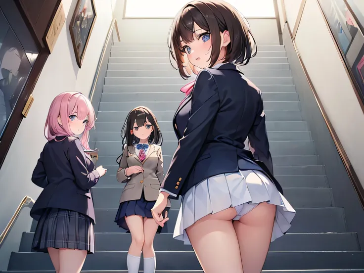 (Masterpiece, top quality, high resolution, realistic photos, realistic looking skin:1.1),
(There is one high school girl:1.5),
(The high school girl has medium short brown hair: 1.5),
(The high school girl is walking up the stairs of a department store wi...