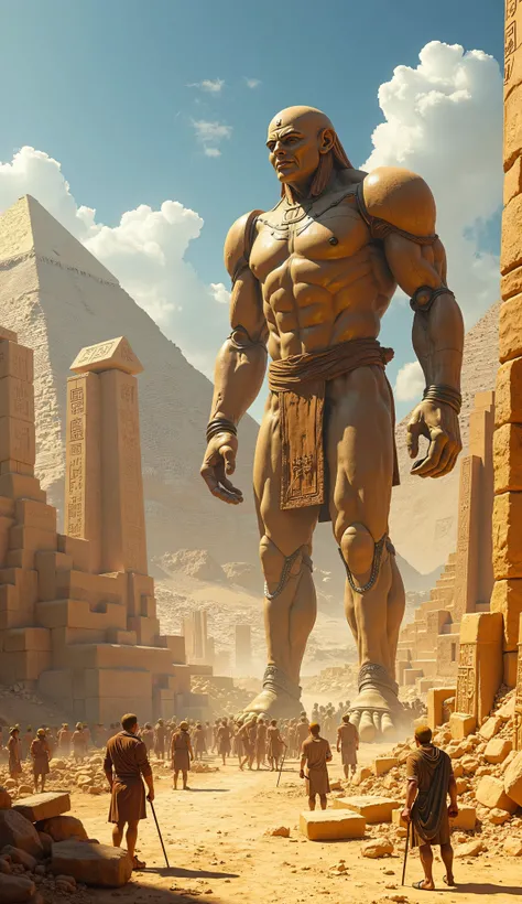 "An ultra-realistic and highly detailed digital artwork showcasing the construction of ancient Egyptian pyramids. The scene features colossal, muscular giant humanoids working in harmony with hundreds of human workers. The giants are seen lifting massive s...