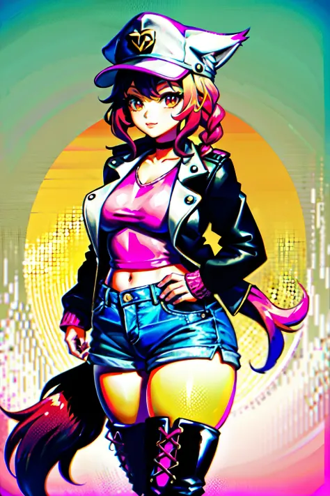 (best quality:2.0), (crisp:2.0), (highres:2.0), (((a rich yellow and pink gradient wolf tail:2.0))), anime, full body:2.0, (single image), (solo beautiful lady:2.0), (masterpiece:2.0), (detailed face:2.0), (detailed eyes:1.4), ((denim shorts:2.0)), ((thick...