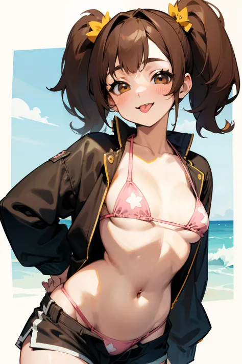 Two Puppy girl, brown hair, pigtails, Exposed belly, short pants, sexy body, smile, tongue out of mouth, short bikini 