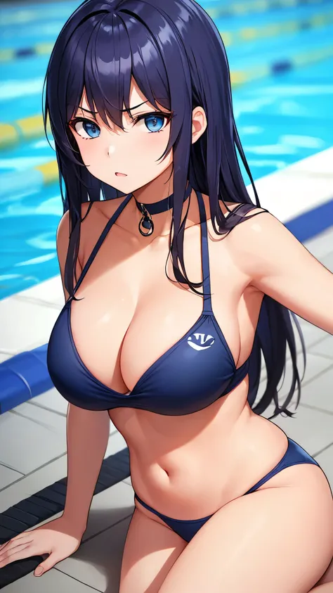  top quality、  top quality、Masterpiece、  beauty(Age 25)、Dark blue long hair、 blue eyes、(navy blue lifeguard)、 big breasts 、(Big Breasts )、 angry face、 navy blue choker 、background( pool)
