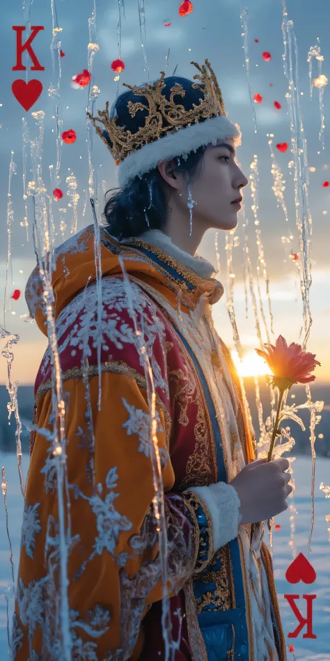 A silhouette composed of frozen ice crystals, double exposure of the face and body, The background is a dusk sky and sunset 。 Delicate icicles hanging from the veins in the foreground ,In the background, you can see a beautiful sunrise , create a surreal ...