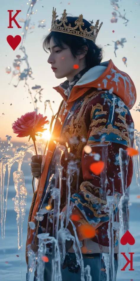 A silhouette composed of frozen ice crystals, double exposure of the face and body, The background is a dusk sky and sunset 。 Delicate icicles hanging from the veins in the foreground ,In the background, you can see a beautiful sunrise , create a surreal ...