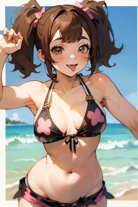 Two Puppy girl, brown hair, pigtails, Exposed belly, short pants, sexy body, smile, tongue out of mouth, short bikini , only bikini