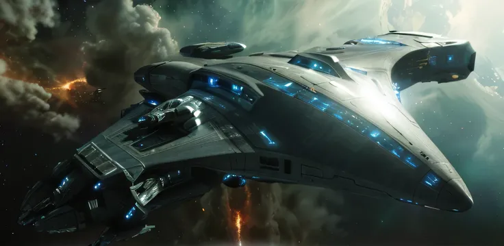 spaceship in the space with a star in the background, eve online movie still, space opera and dystopian style, wide shot of a spaceship battle, an epic space ship scene, epic scifi movie still, an epic scifi movie still, cinematic scifi shot, sci - fi spac...