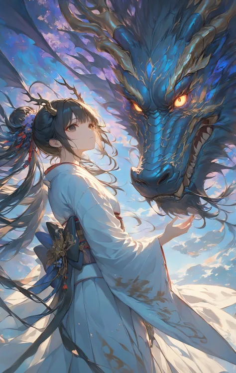 Masterpiece, high quality, high resolution, very aesthetic, more details, absurd, latest, landscape, 16K, 3D, finely detailed background, colorful , rim light, back light, Makoto Shinkai illustration, fantasy, petite girl in kimono, dragon horns, some skin...