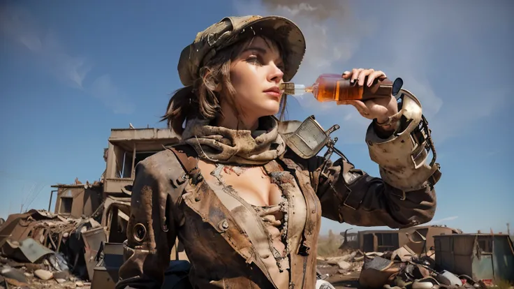 there is a woman in a steam suit drinking a bottle of soda, post - apocalyptic cowgirl, post - apocalyptic scavenger, post apocalyptic attire, post - apocalyptic cowboy, fallout style, postapocalyptic explorer, post - apocalyptic style, mighty princess of ...