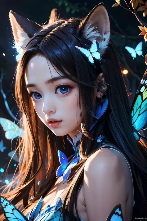 A highly detailed, ethereal and glowing blue-eyed baby fox spirit, surrounded by glowing butterflies in a night time fantasy forest, realistic, extremely detailed