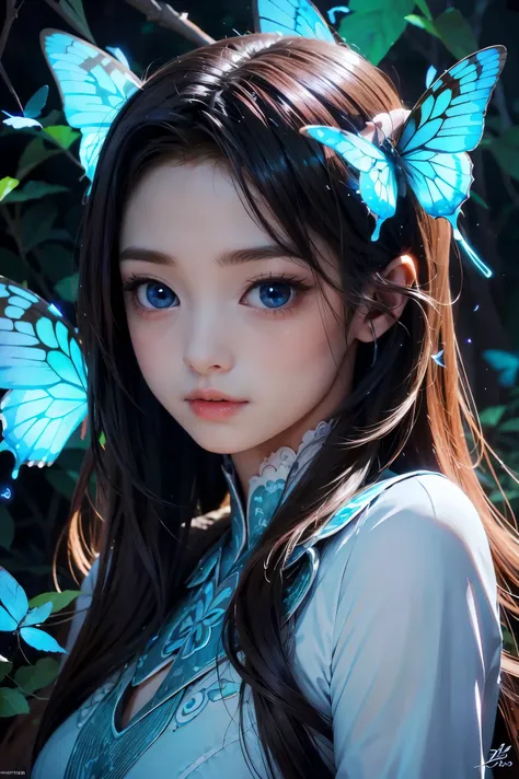A highly detailed, ethereal and glowing blue-eyed baby fox spirit, surrounded by glowing butterflies in a night time fantasy forest, realistic, extremely detailed
