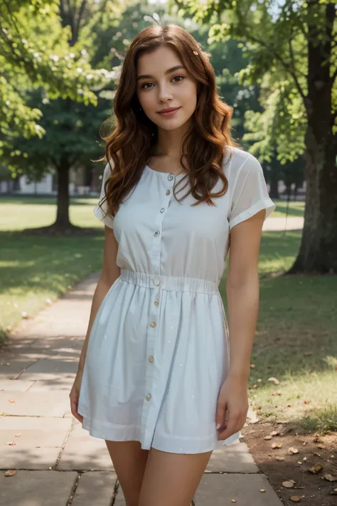 a beautiful young girl with bright orange-red wavy hair, smiling, with a slightly tanned skin, wearing a blue polka dot dress and white sneakers, standing in a park, full body shot, (best quality,4k,8k,highres,masterpiece:1.2),ultra-detailed,(realistic,pho...