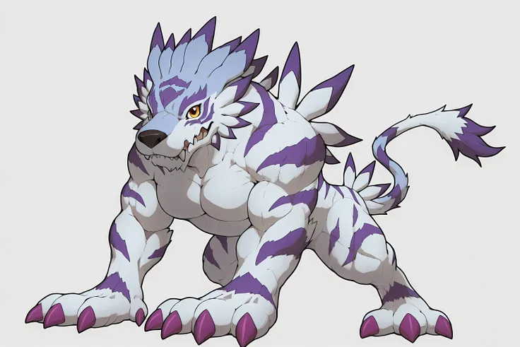 garurumon, solo, ((feral, feral body)), muscular, male, flat color, standing, big paws, purple claws, big head, pecs, detailed eyes