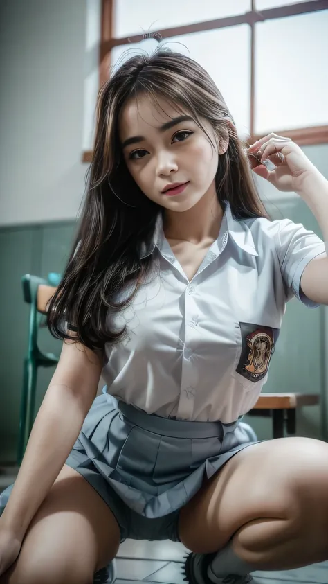 ((masterpiece)), ((best quality)), ((realistic photo)), portrait, wide angle shot, beautiful, , 2 braided hair, bangs, proportional face, (face detail), (eye detail), red cheeks, makeup, school uniform, (white shirt, gray short skirt), (cleavage), big thig...