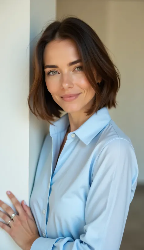 from the side upper body portrait of 35-year-old brunette, European, bob haircut, green eyes, wearing light blue shirt, with calm expression, against indoor creamy white wall background, depth of field. woman is wearing a platinum wedding ring on the ring ...