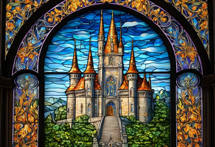 Close up of stained glass window with a castle in the center, an exquisite painting by Tomek Setowski, leaves scattered on the surface Shutterstock, art nouveau, intricate stained glass triptych, glittering stained glass background, stained glass art, Maxi...