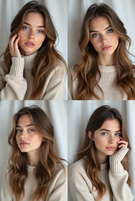 Four different poses, studio photography of a young Slavic woman with light brown hair and a natural appearance, wearing a thick wool sweater. The lighting is in the Rembrandt style, casting soft shadows across her face. She is set against a white fabric b...