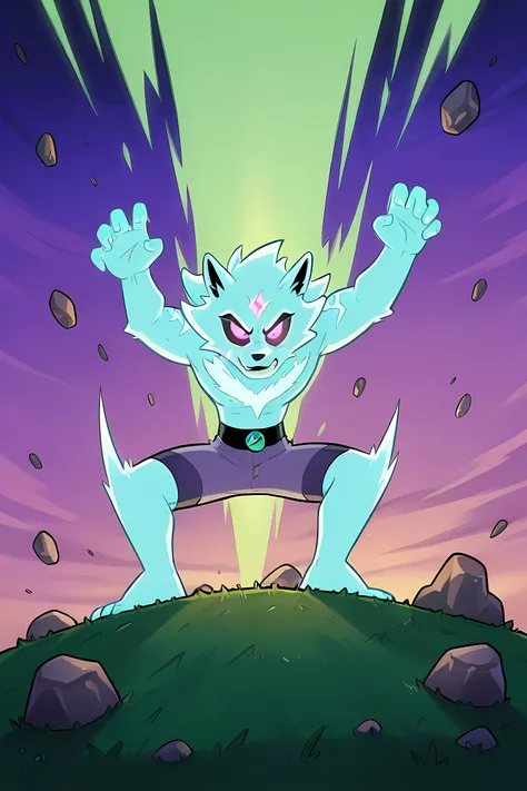 anime guy wolf with pale glowing fur fighting alien monsters, 2 characyters, in a grasslands, rock energy powers blast, rock bending powers, professionally drawn, danny phantom cartoon
