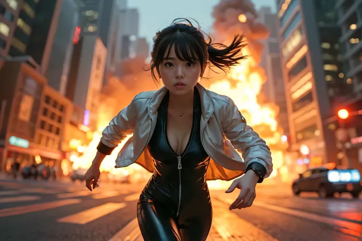 Detailed RAW photos、 Big city at night with huge skyscrapers lined up 、 A young Japanese age woman with a beautiful baby face is running at full power 、 She is wearing a thin white latex pilot suit and a white down jacket with an open front zipper、 slim bu...