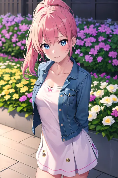 1girl,Samus aran,solo,blue eyes, pink hair, forehead hair, Light pink floral dress, white sneakers, a denim jacket, a high ponytail, soft and romantic makeup, pearl stud earrings, a pose with a gentle smile and relaxed arms by your side, a vibrant spring g...