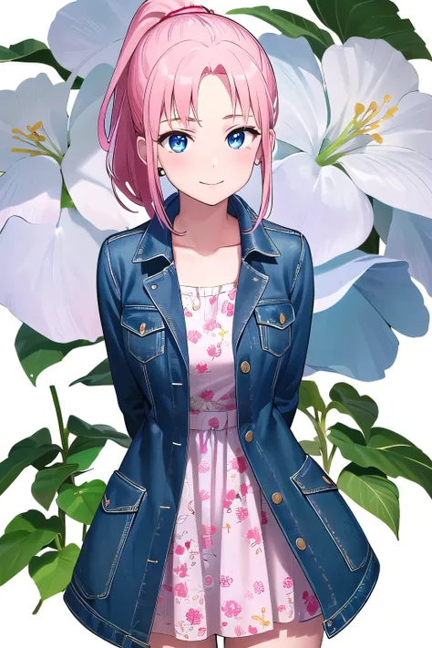 1girl,Samus aran,solo,blue eyes, pink hair, forehead hair, Light pink floral dress, white sneakers, a denim jacket, a high ponytail, soft and romantic makeup, pearl stud earrings, a pose with a gentle smile and relaxed arms by your side, a vibrant spring g...