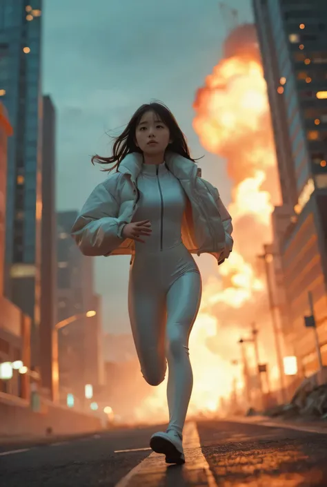 Detailed RAW photos、 Big city at night with huge skyscrapers lined up 、 A young Japanese age woman with a beautiful baby face is running at full power 、 She is wearing a thin white latex pilot suit and a white down jacket with an open front zipper、 slim bu...