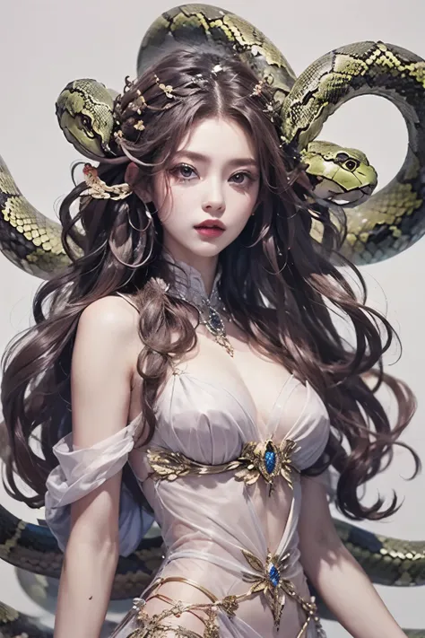 Medusa, Beautiful Tragic Queen, Beautiful hair turns into a poisonous snakes, Whole body, simple background、plain background、(best quality , Masterpiece, high resolution)、