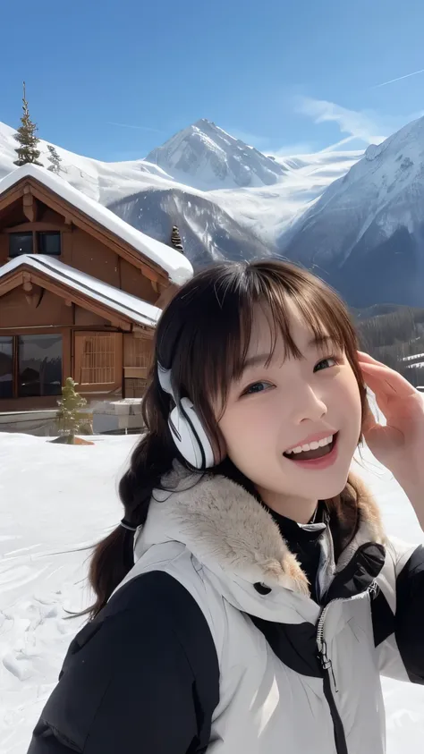 A young, beautiful Japanese woman. Live action, real, beautiful Japanese woman in front of ski lodge, snowboard style, snowboard propped up beside her, snowy mountains, wearing a luxurious white silk puff coat by Moncler, laughing as she enjoys the snow re...