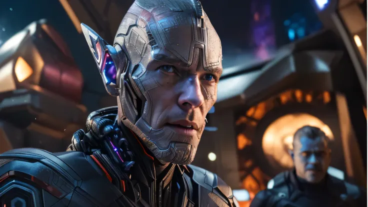 a close up of a man in a costume with a sword, film still from avengers endgame, movie still of a villain cyborg, sci-fi movie still, still from avengers endgame, from avengers: endgame (2019), from a 2 0 1 9 sci fi 8 k movie, cgi special effects, movie st...