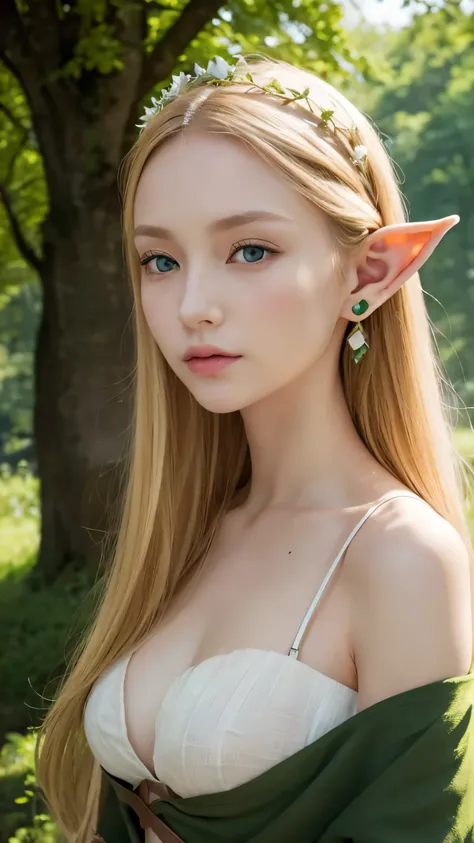  best image quality 、Realistically、 Shining Beautiful Skin、 1 European woman、Blonde、 green eyes、(Elf)、 slender、((Depict the ears as long and thin))、Does not depict a headdress、forest、 medieval European landscape、simple green linen or cotton clothes、Leather...