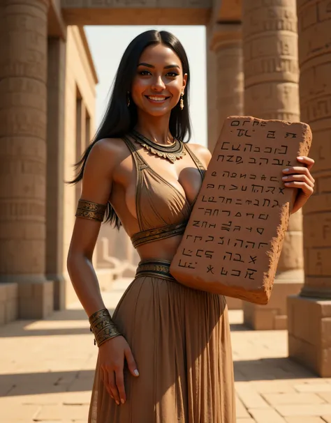 A hyper-realistic zoomed_out scenery image shot of a prehistoric beautifully fullbody female Mesopotamia high priestess temple holding a big size hieroglyph ideogram clay tablet, symmetrically balanced in image composition. The beautifully high priestess i...
