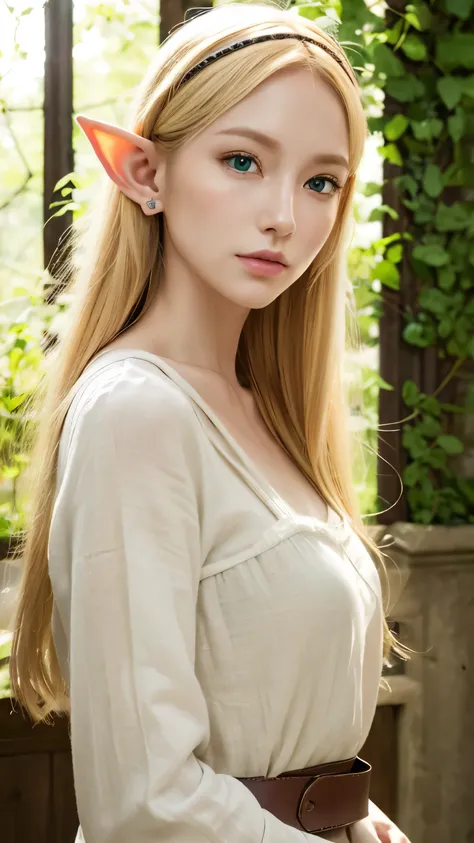  best image quality 、Realistically、 Shining Beautiful Skin、 1 European woman、Blonde、 green eyes、(Elf)、 slender、((Depict the ears as long and thin))、Does not depict a headdress、forest、 medieval European landscape、simple green linen or cotton clothes、Leather...