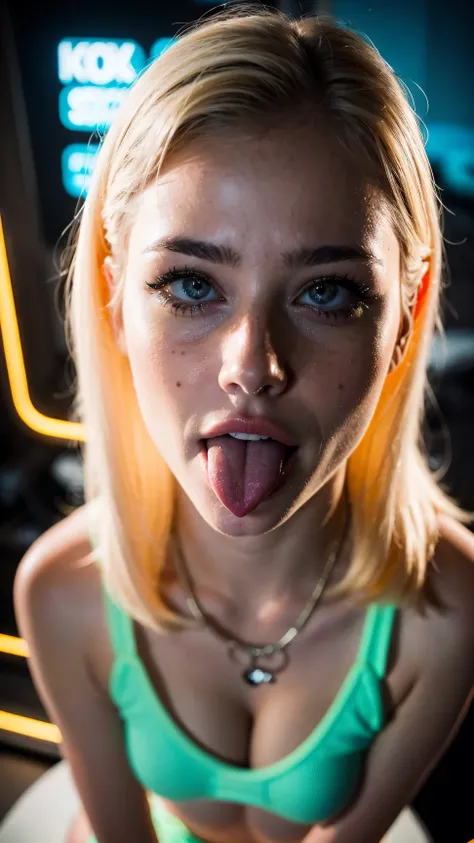 (Ultra Realistic),Photo,  High quality, аналоговая Photoграфия ahegao , ( low lighting), (Neon Atmosphere) light background ,By 1girl, ahegao, blonde,(chölka), ,   seen from above  ,  detailed eyes ,