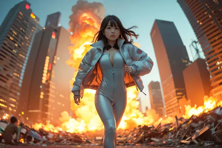 Detailed RAW photos、 Big city at night with huge skyscrapers lined up 、 A young Japanese age woman with a beautiful baby face is running at full power 、She is wearing a translucent thin latex pilot suit and a white down jacket with an open front zipper、 sl...